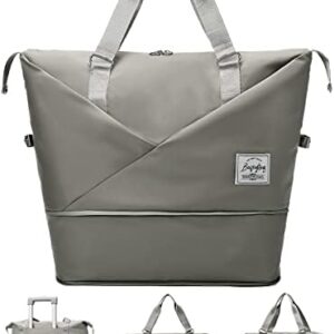 FIORETTO Womens Expandable Travel Bag Duffle Bag with Laptop Compartment, Water Resistant Gym Bag Weekend Bag Overnight Hospital Bag Holdall with Wet Pocket Grey