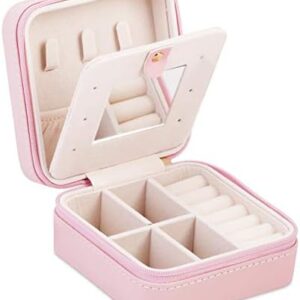 A&A Jewelry Organizer Travel Box - Portable Mirror Jewelry Storage Case Pink