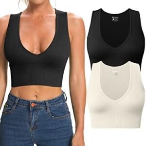 OQQ Women's 2 Piece Tank Tops Ribbed Sleeveless Sexy Deep V Neck Removable Cups Yoga Crop Tops