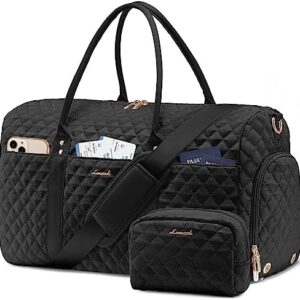 LOVEVOOK Travel Duffle Bag, Weekender Bags for Women with Shoe Compartment, Quilted Carry on Overnight Bag with Toiletry Bag, Hospital Bags for Labor and Delivery, Gym Duffel Bag with Wet Pocket Black