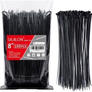 Zip Ties 8 inch (100 Pack), 40lbs Tensile Strength, Black Cable Ties, Wire Ties for indoor and outdoor use, by Skalon