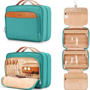 COOSKY Travel Hanging Toiletry Bag for Women, Holds Full-Size Shampoo, with Jewelry Organizer Compartment, Extra Large Makeup Bag, Waterproof Cosmetic Bag, Toiletries Kit Set with Trolley Belt, Blue