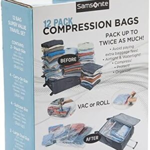 Samsonite Compression Packing Bags, Plastic, Clear, 12-Piece Kit (2-Pouch/4-Carry-On/4-Large/2-X-Large