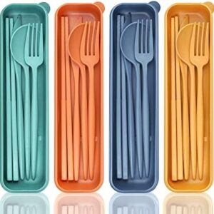 Reusable Travel Utensils with Case, 4 Sets Wheat Straw Portable Cutlery Set Chopsticks Knives Fork and Spoon Set for Lunch Box Accessories, Camping Utensil Set Flatware Sets for Daily Use or Outdoor