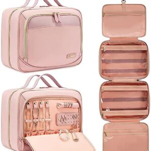 LOVEVOOK Travel Toiletry Bag for Women with Hanging Hook,Travel Essentials Makeup Bag with Jewelry Bag,Comestic Bag Holder for Brushes Set,Travel Organizer for Accessories,Full Sized Container,Pink