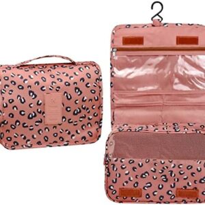 Aosivm Hanging toiletry bag for Women,makeup travel bag,with Jewelry Organizer Compartment,Large Cosmetic Bag Travel Organizer for Bathroom Shower Accessories (Leopard print pink, Large)