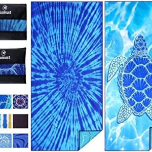 2 Pack Lightweight Thin Beach Towel Oversized 71"x32" Big Extra Large Microfiber Sand Free Towels for Adult Quick Dry Travel Camping Beach Accessories Vacation Essential Gift Blue Tie Dye Turtle