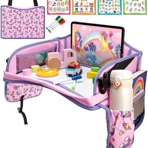 Blissful Diary Kids Travel Tray for Toddler Car Seat, Car Seat Tray for Road Trip, Road Trip Essentials Car Tray with Drawing Kit, Markers Desk Organizer for Car Airplane Travel Activities (Unicorn)