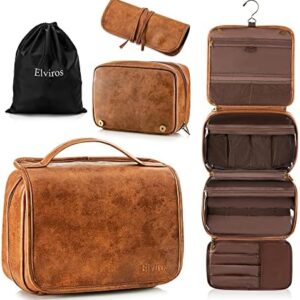 Elviros Toiletry Bag Hanging Travel Organizer for Men and Women, 3 in 1 Multifunctional Large Makeup Cosmetic Case for Toiletries Accessories, Water-resistant PU Leather Bathroom Dopp Kit Shaving Bag (Brown)