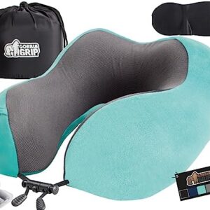 Gorilla Grip Memory Foam Travel Neck Pillow, Head Support on Airplanes, Soft Velvet, Cooling Mesh, Blinkable Eye Mask, Supportive Car Traveling, Sleeping on Long Flight, Airplane Pillows, Turquoise
