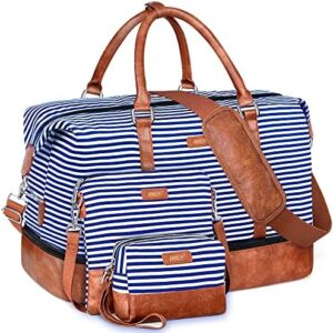 Weekender Bag for Women, 21" Womens Overnight Bag Travel Duffel Bag Set with Shoe Compartment Carry On Bag Fit 21.5" Laptop, Perfect for Travel/Business/Gift (Blue Strips)