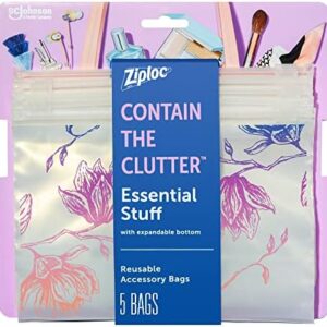 Ziploc Reusable Travel Makeup and Accessory Bag, Great for School or Work, Charm Collection, 5 Essential Style Bags