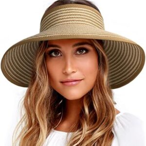 FURTALK Sun Visor Hats for Women Wide Brim Straw Roll-Up Ponytail Summer Beach Hat UV UPF Packable Foldable Travel