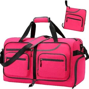 Travel Duffle Bag, 65L Foldable Travel Duffel Bag with Shoes Compartment and Wet Pocket, Waterproof & Tear Resistant (A7-Rose red, 65L)