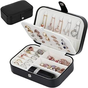 jiemei Jewelry Box, Travel Jewelry Organizer Cases with Doubel Layer for Women’s Necklace Earrings Rings and Travel Accessories (Black02)