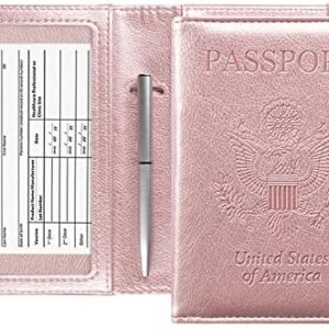 ACdream Passport and Vaccine Card Holder Combo, Cover Case with CDC Vaccination Card Slot, Leather Travel Documents Organizer Protector, with RFID Blocking, for Women and Men, Rose Gold