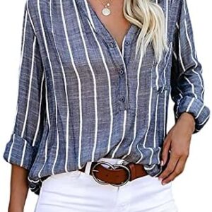 Astylish Womens V Neck Striped Roll up Sleeve Button Down Blouses Top