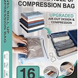 16 Travel Compression Bags Vacuum Packing, Roll Up Space Saver Bags for Luggage, Cruise Ship Essentials (6 Large /6 Medium /4 Small Roll)