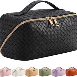 Baonmy Large Capacity Travel Cosmetic Bag - Makeup Bag,Portable PU Leather Waterproof Cosmetic Bag for Women,Travel Makeup Bag Organizer with Handle and Divider Flat Lay Makeup Organizer Bag (Black)