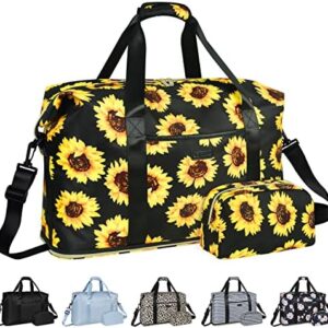 Expandable Travel Duffle Bag, Large Weekender Overnight Bags for Women Men 20.5 Inch Waterproof Carry on Shoulder Tote Bags for Hospital Maternity Mommy Gym with Toiletry Bag Sunflower