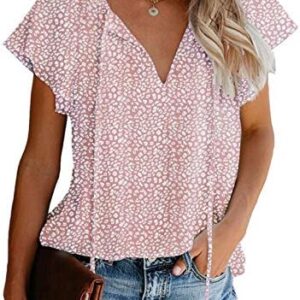 Mansy Women's Casual Floral Print V Neck Ruffle Short Sleeve Summer Shirts Tops Loose Blouses