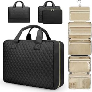 3-In-1 Detachable Hanging Travel Toiletry Bag, Large Capacity 5 Sections Makeup Cosmetic Bag with Luggage Belt, Waterproof Clear Compartment, Full-Sized Travel Organizer for Women (Black, Large)