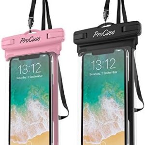 ProCase Waterproof Case Cellphone Dry Bag Pouch for iPhone 11 Pro Max Xs Max XR XS X 8 7 6S Plus, Galaxy S10 Plus S10 S10e S9+/Note 10 10+ 5G 9 8, Pixel 3 XL up to 6.8" - 2 Pack, Pink/Black