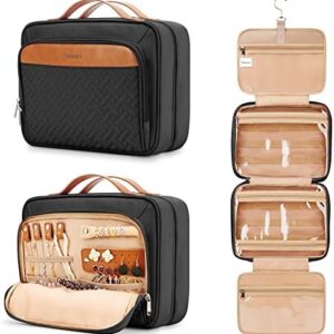 COOSKY Travel Hanging Toiletry Bag for Women, Holds Full-Size Shampoo, with Jewelry Organizer Compartment, Extra Large Makeup Bag, Waterproof Cosmetic Bag, Toiletries Kit Set with Trolley Belt, Black