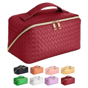 ZAUKNYA Large Capacity Travel Cosmetic Bag - Makeup Bag, Portable Leather Waterproof Women Travel Makeup Bag Organizer, with Handle and Divider Flat Lay Checkered Cosmetic Bags (Burgundy)