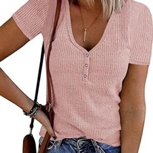 MEROKEETY Women's Short Sleeve V Neck Ribbed Knit Button T Shirts Henley Solid Color Summer Tops
