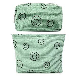 SOIDRAM 2 Pieces Makeup Bag Large Corduroy Cosmetic Bag Capacity Canvas Green Travel Toiletry Bag Organizer Cute Makeup Brushes Aesthetic Accessories Storage Bag for Women
