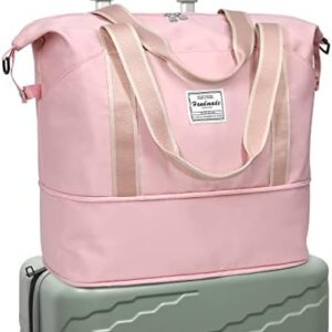 DMLuna Travel Duffel Bag, Tote Sports Gym Bag, Shoulder Overnight Weekender Bag for Women & Men, Hospital bag, Expandable Duffel Bag with Trolley Sleeve/Wet Pocket, Rose Gold