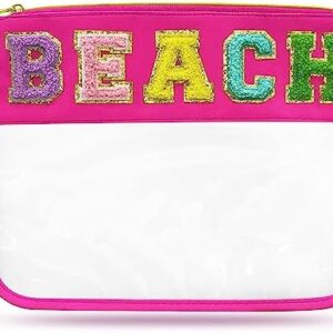 LSxia Chenille Letter Clear Travel Zipper Pouch Nylon Makeup Bag, Preppy Makeup Bag Clear Cosmetic Toiletry Bag, Water-proof Makeup Travel Pouch Snack Bags for Women Girls (Rose Red-Beach)