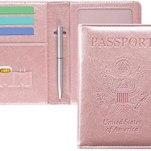 DMLuna Passport Holder Premium PU Leather Travel Passport Wallet RFID Blocking Passport Cover Case Travel Documents Organizer with Pen Holder, for Women and Men - Rose Gold