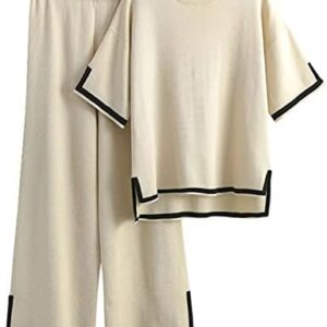 Womens Knit 2 Piece Sweater Sets Short Sleeve Pullover Tops Elastic Waist Wide Leg Pants Lounge Set