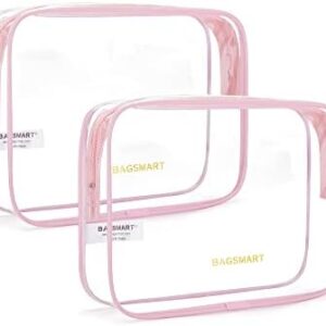 BAGSMART Clear Toiletry Bag, 2 Pack TSA Approved Carry on Travel Accessories Bag Airport Airline Quart Size Bags Water Repellent Makeup Cosmetic Bag for Women (Pink-2pcs)