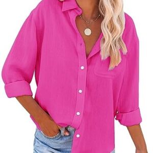 siliteelon Womens Button Down Shirts Cotton Dress Shirts Long Sleeve Blouses V Neck Solid Casual Tunics Tops with Pockets