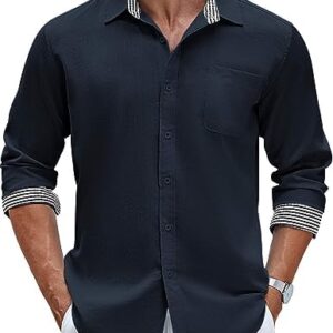 COOFANDY Men's Linen Button Down Shirt Long Sleeve Casual Beach Shirts with Pocket