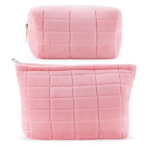 Plush Makeup Bag 2Pcs Checkered Cosmetic Bag Large Small Makeup Pouch for Purse Cute Pink Makeup Bag with Makeup Brush Holder Y2k Accessories Bag Travel Cosmetic Bag for Women Aesthetic Gift
