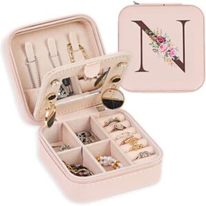 FUNARTY Travel Jewelry Box with Mirror, Jewelry Organizer Jewelry Case for Rings Necklaces Earrings, Travel Essentials Gifts for Women Mom Initial N