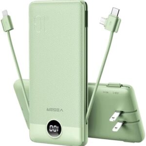 VEGER Portable Charger for iPhone Built in Cables and Wall Plug, 10000mah Slim Fast Charging USB C Power Bank, Travel Essential Battery Pack Compatible with iPhones, iPad, Samsung More Devices(Green)