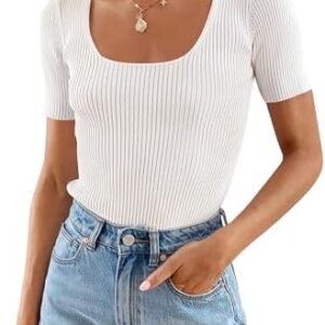 ZESICA Women's Short Sleeve Square Neck T Shirts 2024 Summer Slim Fitted Ribbed Knit Basic Casual Tee Tops