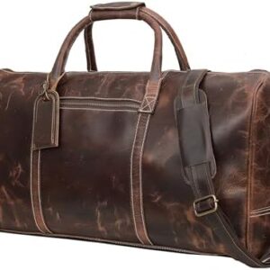 21 Inch Genuine Buffalo Leather Travel Duffle Bag | Overnight Weekend Leather Bag | Sports Gym Duffel for Men| Airplane Under Seat Carry on Bags (brown)
