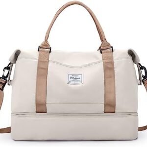 Travel Duffel Bag with Shoes Compartment, Shoulder Weekender Overnight Bag for Women,Travel Tote Bag Sports Gym Bag with Wet Pocket,Beige & Brown