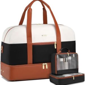 Weekender Travel Women Duffle Bags: Large Duffel Overnight Bag for Womens Weekend Personal Carry On Tote Bag with Shoe Compartment and Trolley Sleeve For Hospital Gym Traveling Work White-Black-Brown