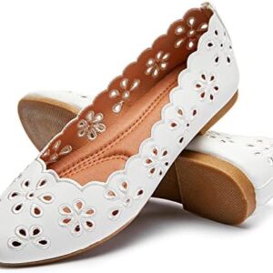 Women's Ballet Flats Black PU Leather Dress Shoes Comfortable Round Toe Slip on Flats with Floral Eyelets