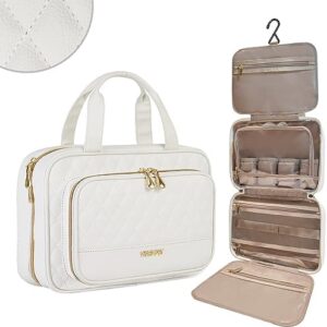 Travel Toiletry Bag For Women,PU Leather Water-resistant Makeup Bag Organizer With Hanging Hook,Cosmetic Bag For Accessories/Cosmetics/Toiletries (White)