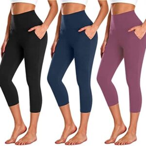 NEW YOUNG 3 Pack Capri Leggings for Women with Pockets-High Waisted Tummy Control Black Workout Gym Yoga Pants