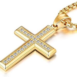 YL Men's Cross Necklace 316L Stainless Steel Jesus Ankh Pendant Rolo Chain Jewelry