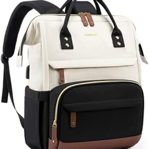 LOVEVOOK Laptop Backpack for Women, 15.6 Inch Work Business Backpacks Purse with USB Port, Large Capacity Educators Nurse Bag Backbag, Waterproof Casual Daypack for Travel,Black-White-Brown